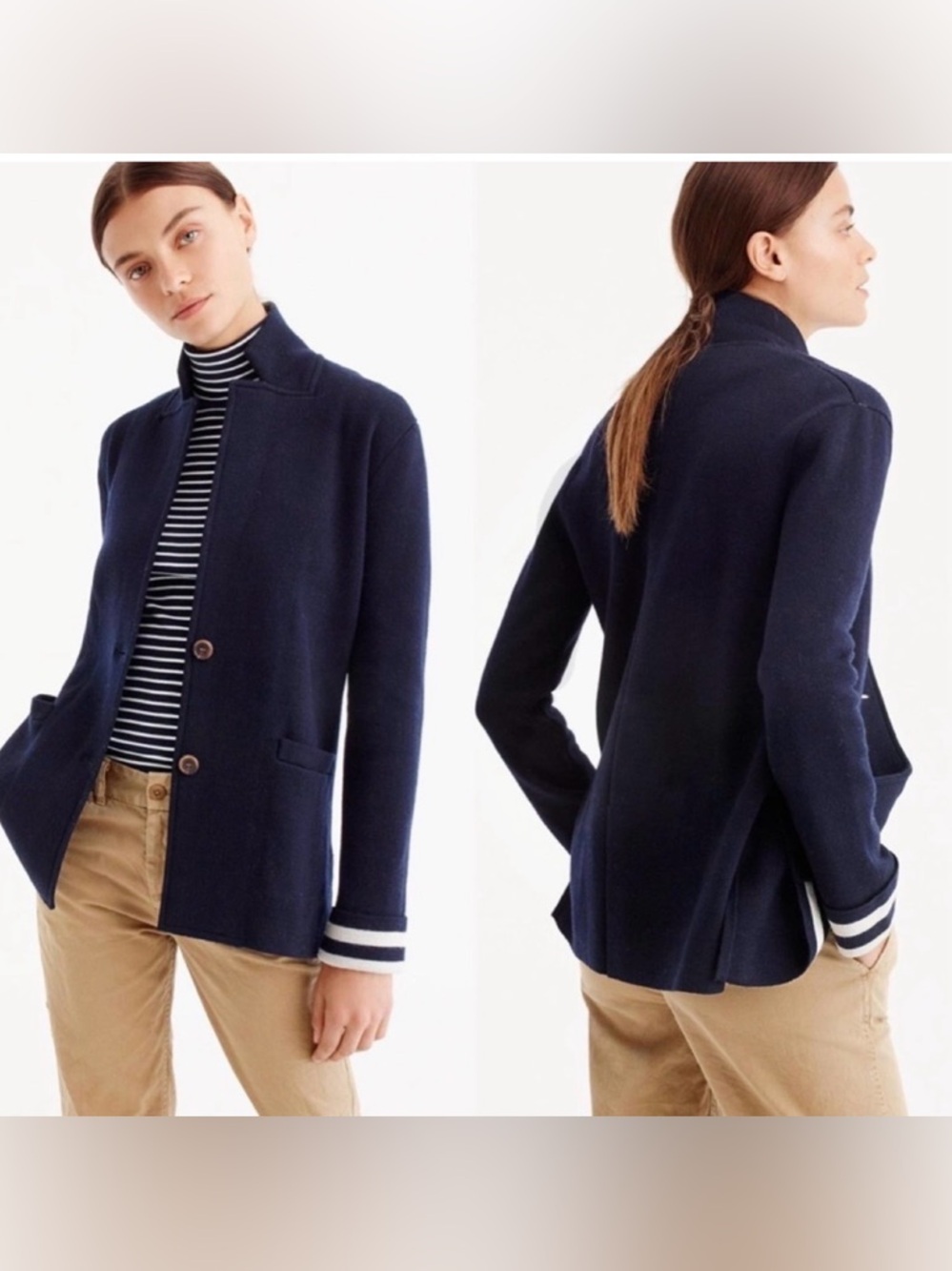 J. Crew Navy Tailored Merino Wool Knit Blazer with Stripe Cuff Detail